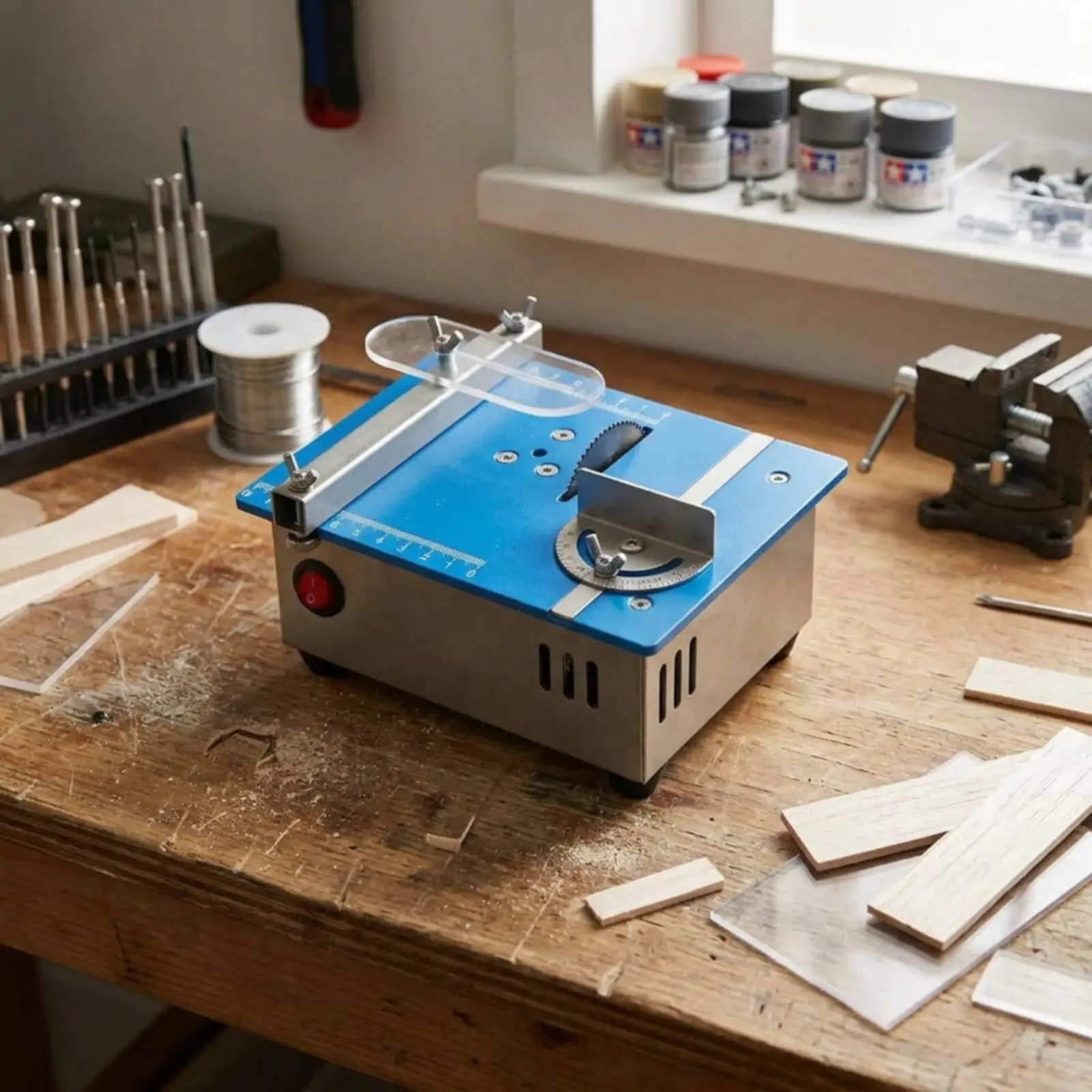 Efficient Desktop Circular Saw for Woodworking with Front Power Switch and Transparent Shield for Detailed Cutting Tasks