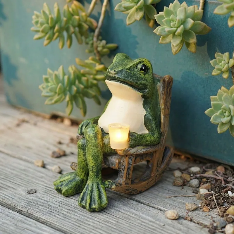 Resin Rocking Chair Frog Statue with LED Light, Cute Relaxing Frog Figurine for Garden Patio Table Decor