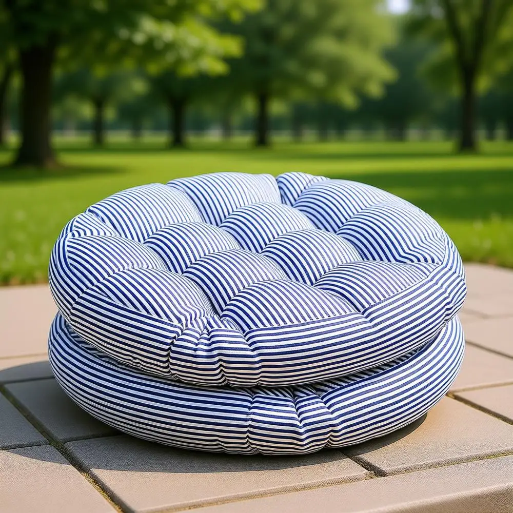 

22 Inch Round Striped Cushions for Chairs, Patio, and Home Floor Pillows - Set of 2, Blue