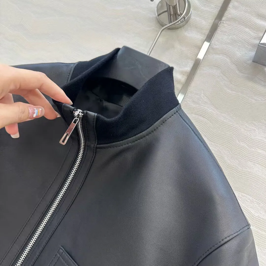 Manteau de luxe en cuir de mouton pour femme, Design court, col rond, demi-manches, fermeture éclair, court, Vintage, élégant, solide, 100%