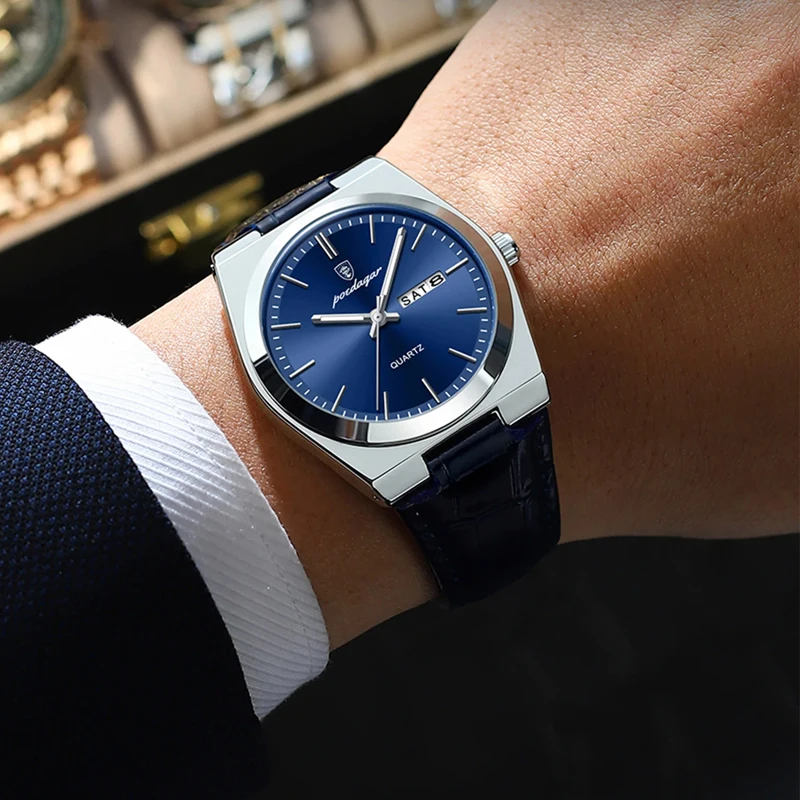 POEDAGAR 남성용 방수 쿼츠 시계, 럭셔리 브랜드 가죽 스트랩, 더블 캘린더, 남성 비즈니스, 레저 패션, 신제품