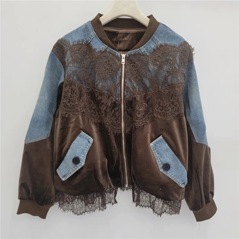 Clothland Women Retro Lace Spliced Velour Bomber Jacket Zipper Long Sleeve Denim Patchwork Casual Female Coats CB394