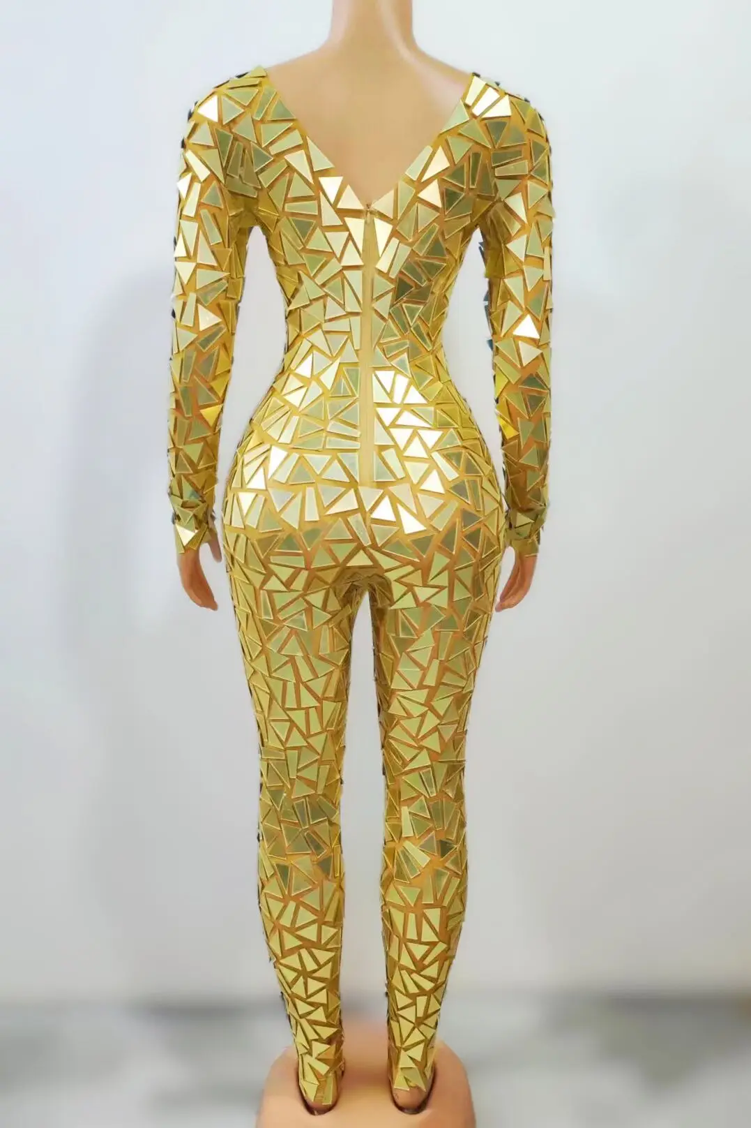 Gold Blue Red Flashing Full Mirrors Long Sleeves Transparent Jumpsuit Birthday Celebrate Costume Evening Women Dance Bodysuit