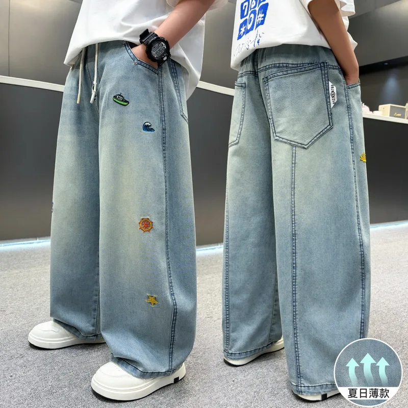 Boys' Summer Lightweight Jeans New Style Kids Straight Tube Loose Fit Denim Pants Children's Mosquito Proof Trousers Clothing