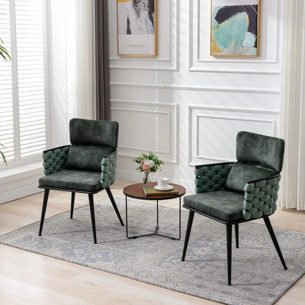 Современные обеденные стулья середины века, набор из 2 шт., плетеные кухонные стулья ручной работы, бархатные обеденные стулья с обивкой и металлическими ножками для