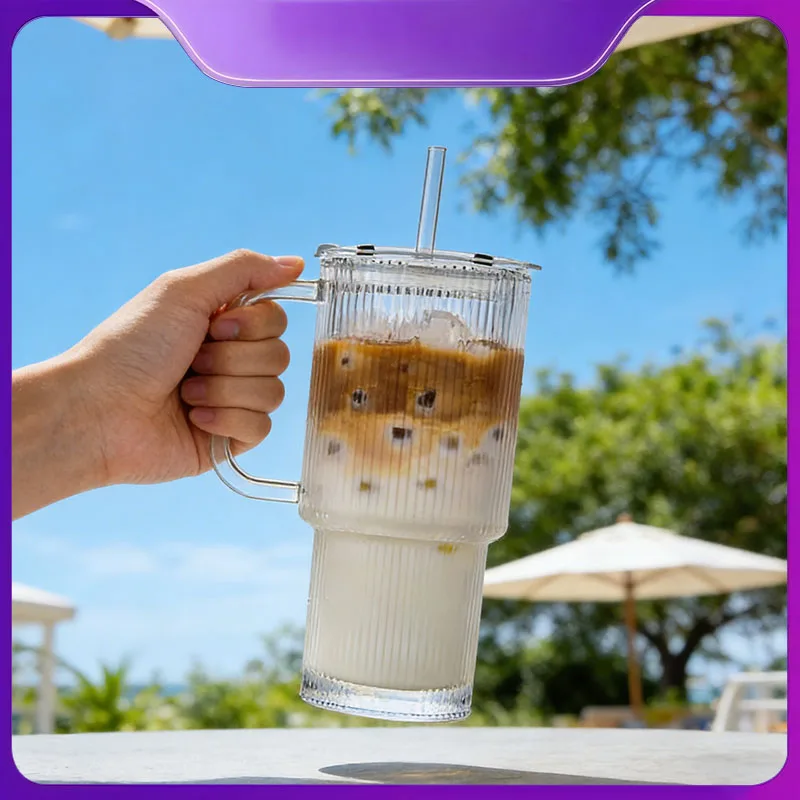 

YWDL 760ML Stripe Ribbed Glass Tumbler with Handle And Lid Large Iced Coffee Cup with Straws for Cold And Hot Beverages 1/2PCS