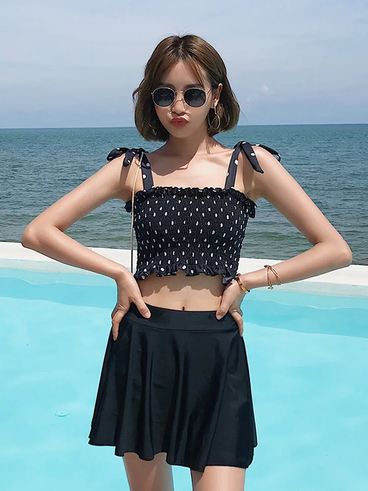 

Женский раздельный купальник с высокой талией и юбкой, без нижнего белья, большие размеры, комплект бикини, черный, синий, красный