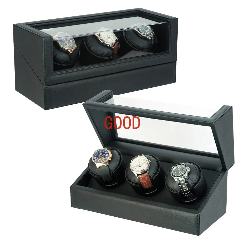 Battery Powered Winders Cross Pattern Leather Triple Watch Rotation Box