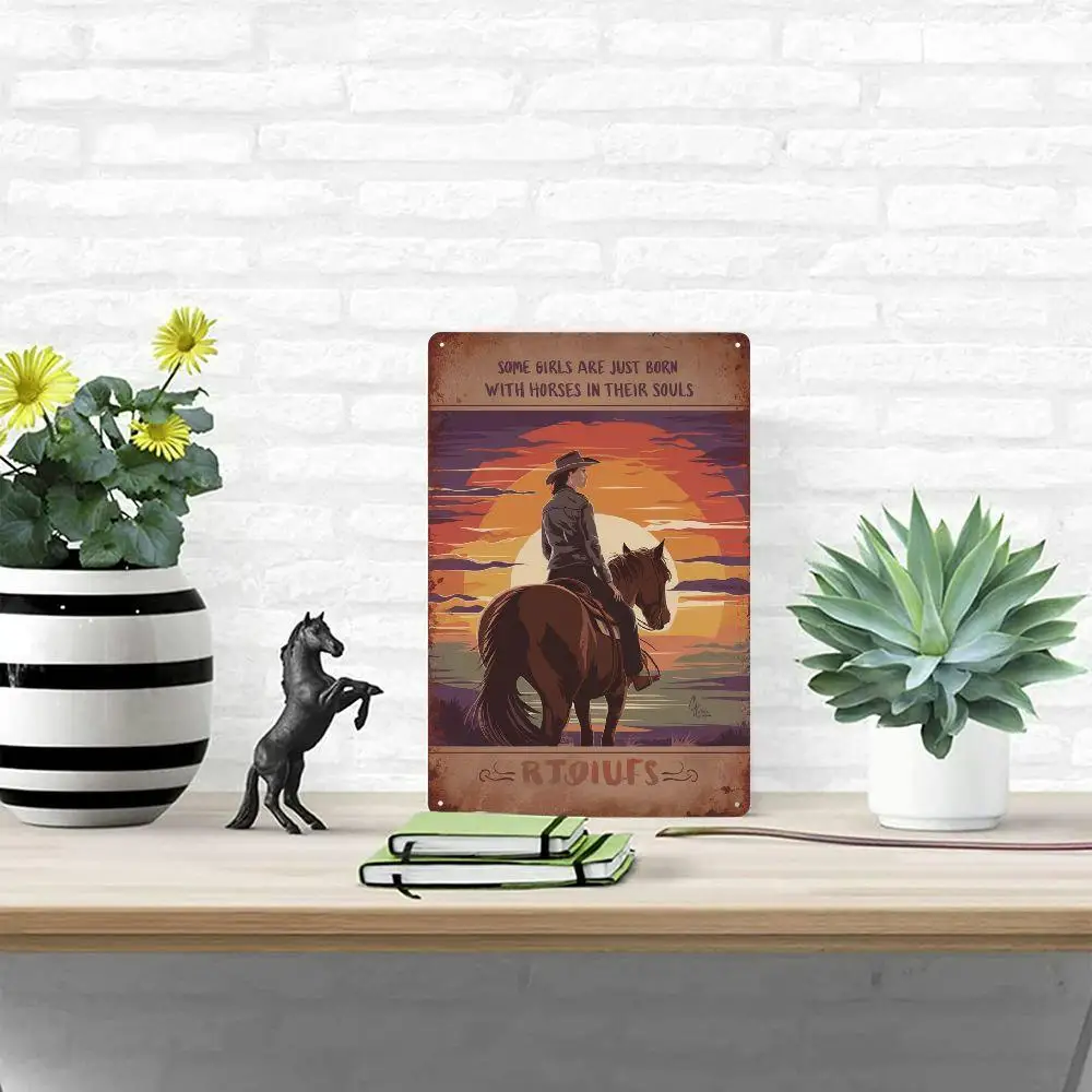 Retro Cowboy Riding a Horse Iron Poster 8X12 Inches Hanging Decorative Iron Wall Art Suitable for Home Cafe and Bar Decoration