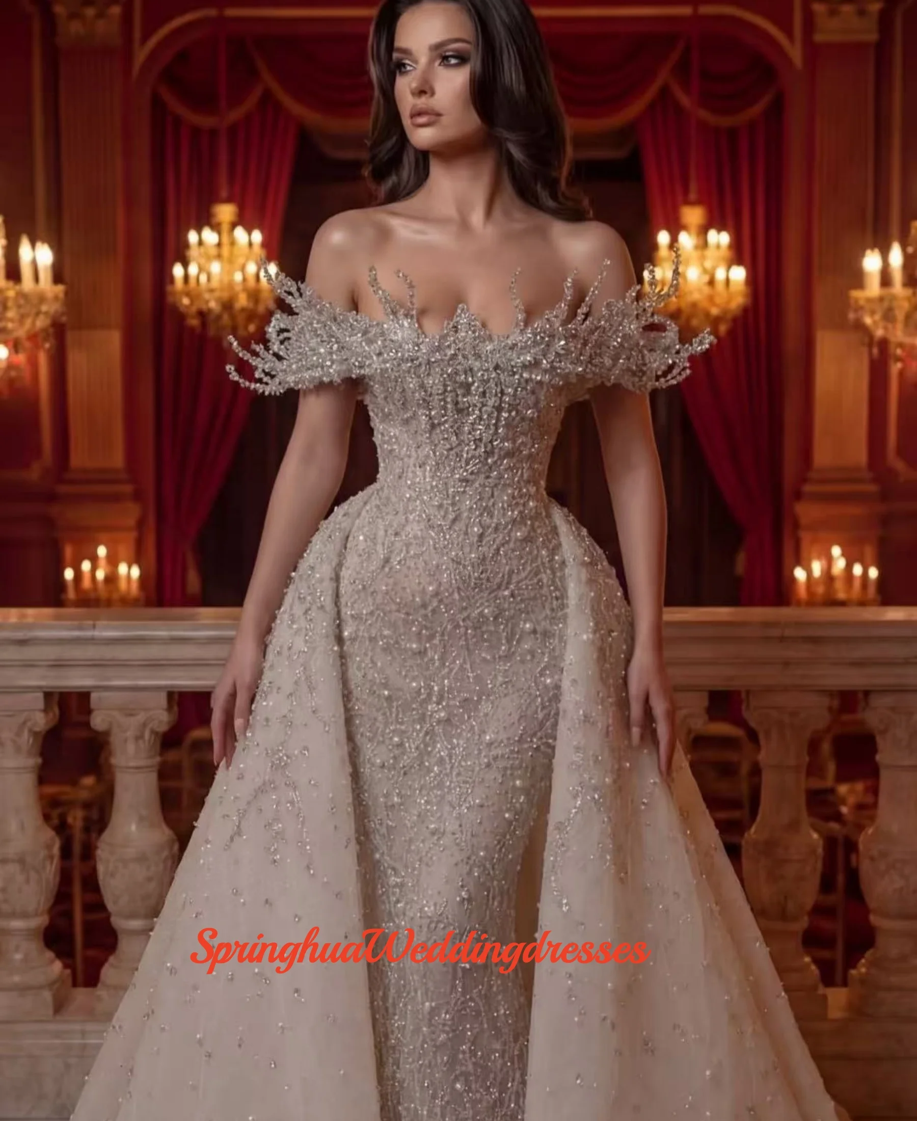 

Customized luxury Wedding Dresses Mermaid Off-The-Shoulder Beading Paillette Floor-Length Princess Bride Vestidos de novia