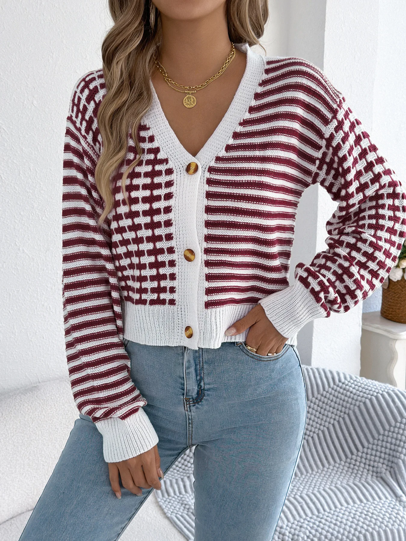 

Women's Color Block Striped Knit Cardigan - Long Sleeve Button Front Coatigan for Fall Winter Vacation