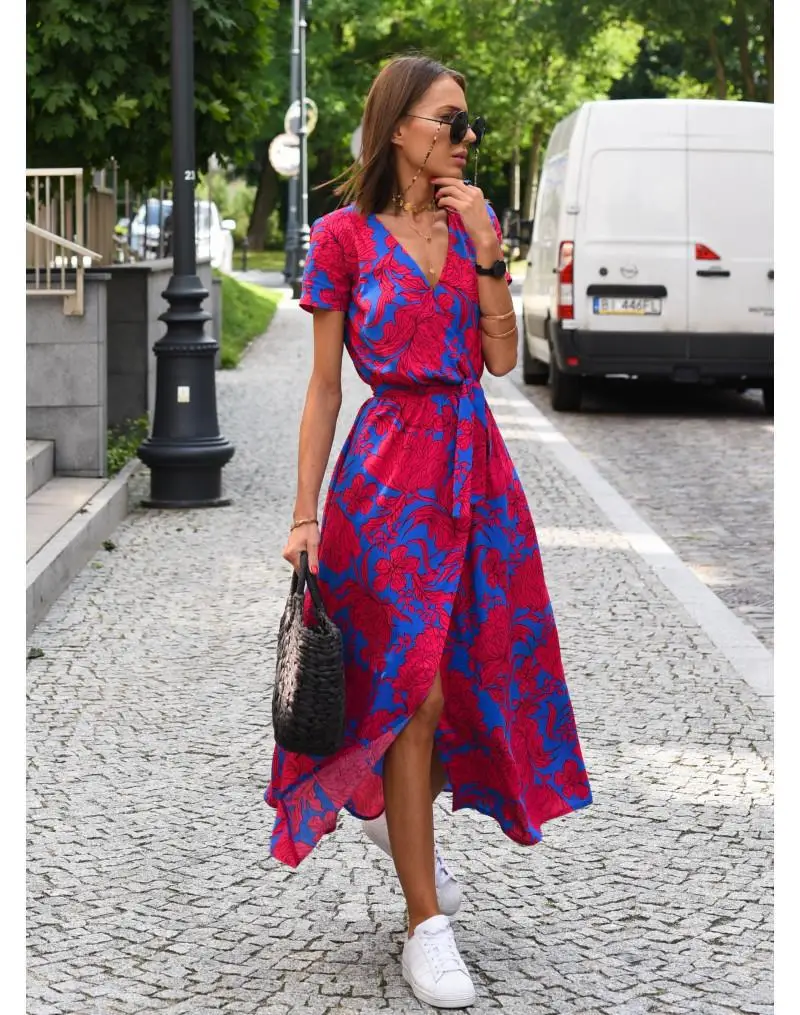 

2024 Summer Fashion Personalized Print V Neck Dress Female Casual Short Sleeve Elegant Holiday Beach Long Loose Dresses Vestido