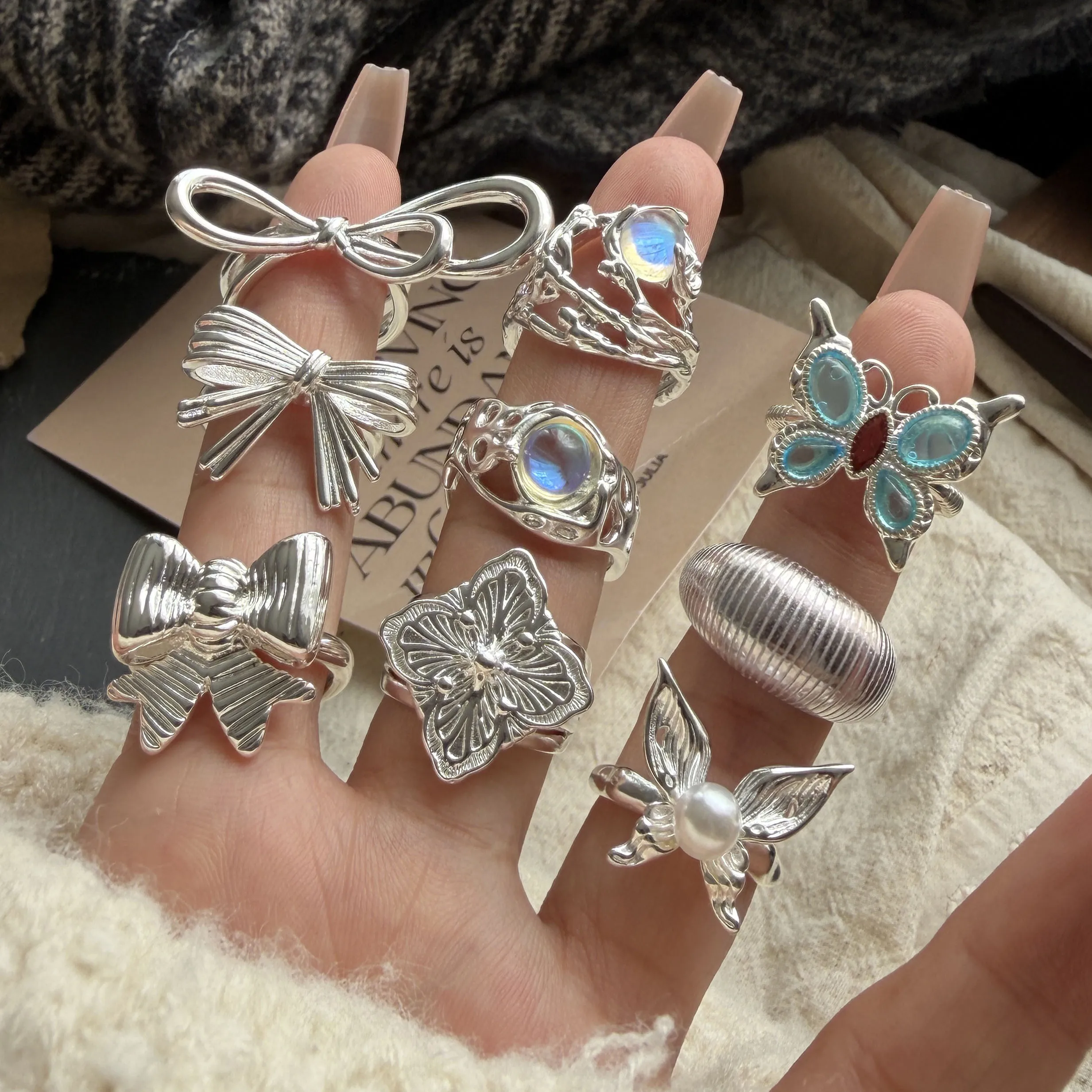 

925 Sterling Silver Rings For Women Geometric Fine Jewelry Finger Adjustable Butterfly Bow Zircon Ring For Party Birthday Gift