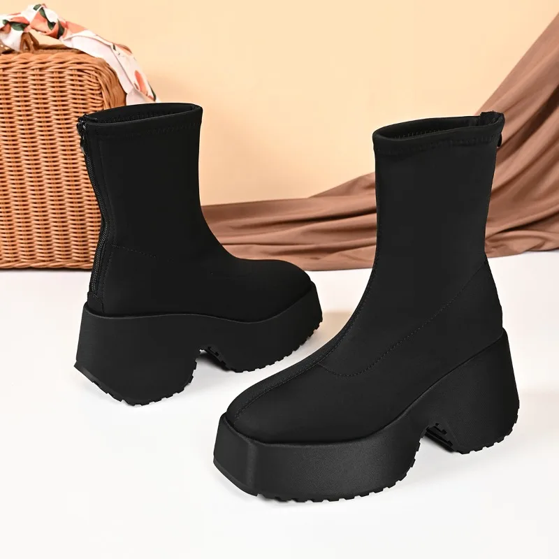

Waste Earth Style High and Thin Stretch Boots 2025 European Retro High-end Sense Square Toe Trifle Platform Booties