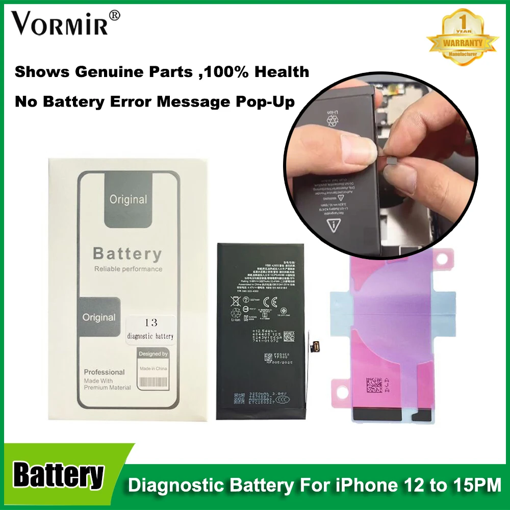 2pcs Vormir Diagnostic Battery For iPhone 12 13 Pro 14 15Pro 13mini max Shows Genuine Part No Error Message Pop up 100% Healthy