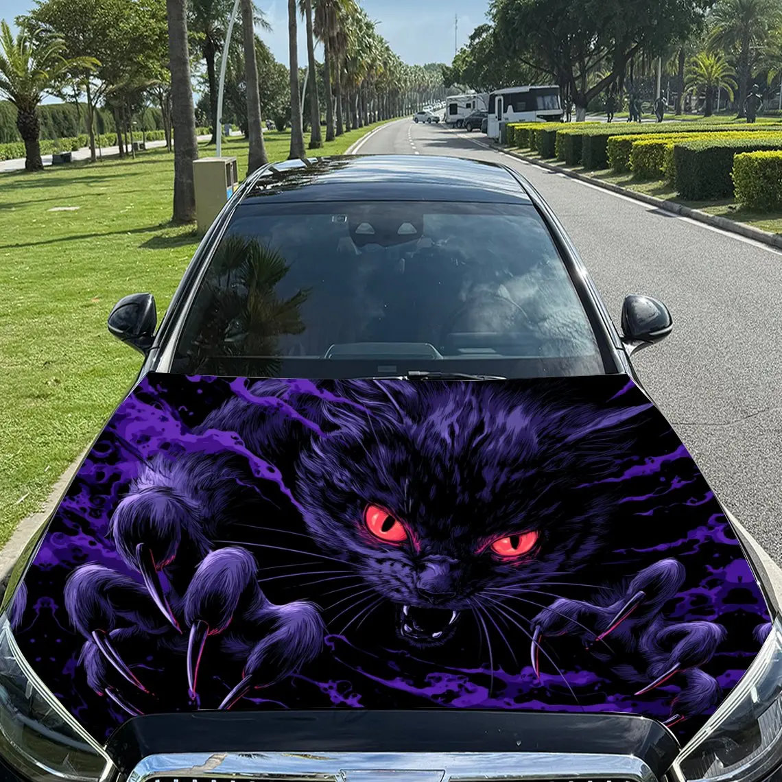

Black Cat with Red Pupils Car Vinyl Wrap, PVC Material Waterproof Car Hood Sticker, Self-Adhesive Scratch-Resistant Stickers for