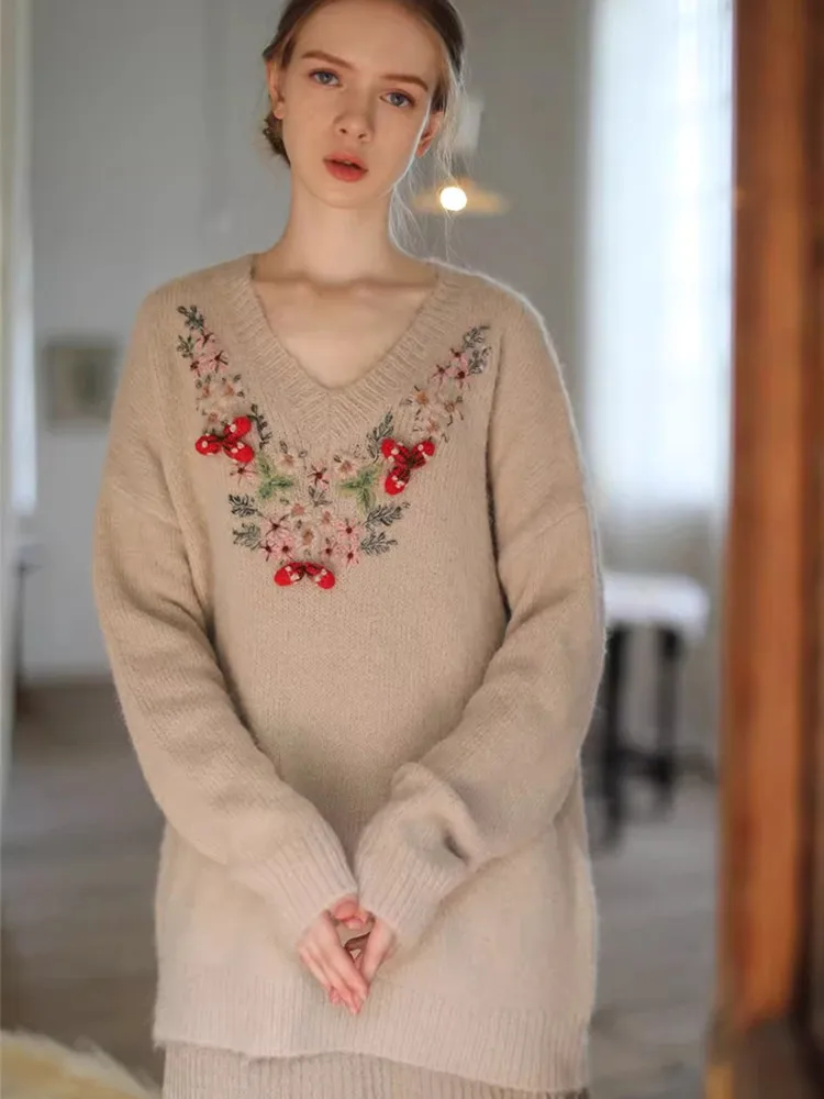 AIGYPTOS Fall Winter Warm Wool Knitted Sweater Women Korean Fashion Handmade Embroidery Floral V-Neck Oversized Pullover Sweater