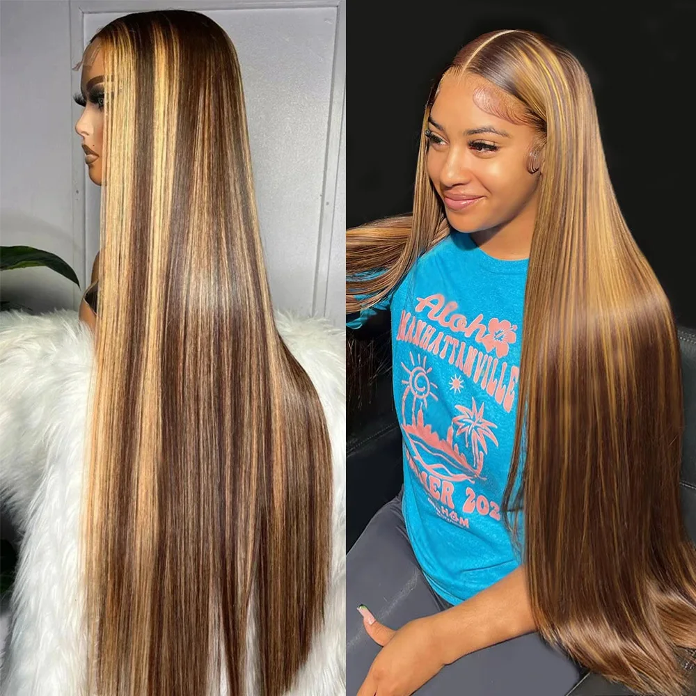 

Накладные волосы из натурального человеческого волоса, 40 дюймов, P4/27, с эффектом омбре, прямые, цвета коричневый и медово-русый, парик с HD-кружевной передней частью 13x4/13x6, плотность 220%