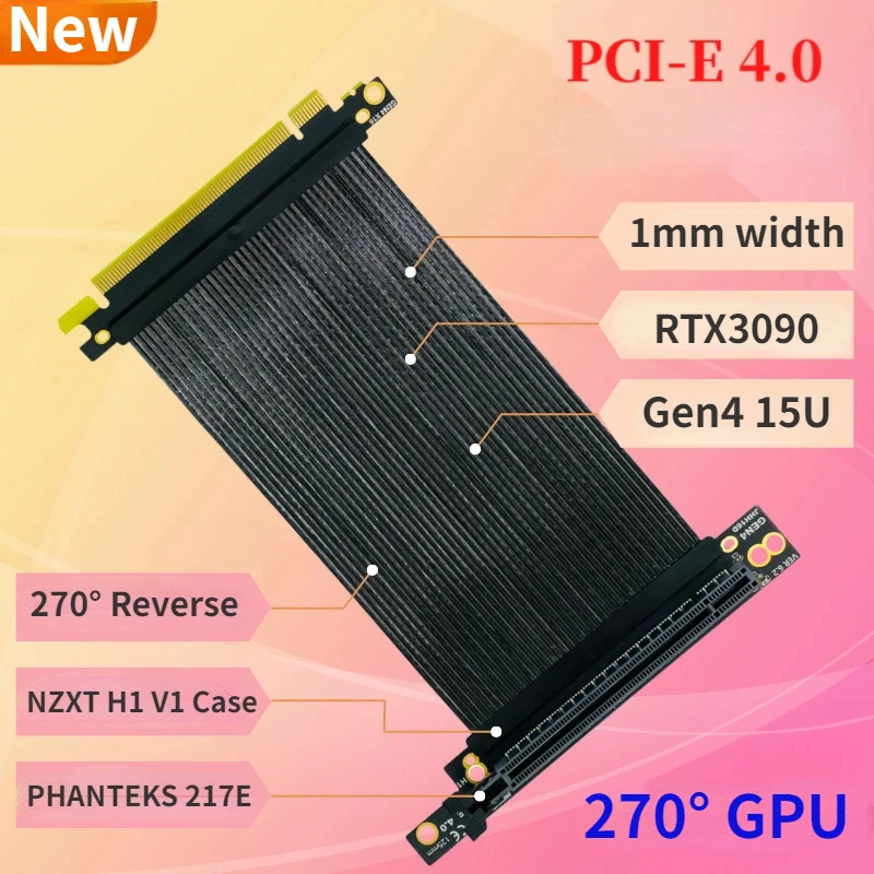 

270 Degree Reverse PCI-E 4.0 X16 Gen4 Riser Cable NZXT H1 V1 PHANTEKS 217E Chassis PCIe X16 4.0 Vertical GPU Video Card Extender