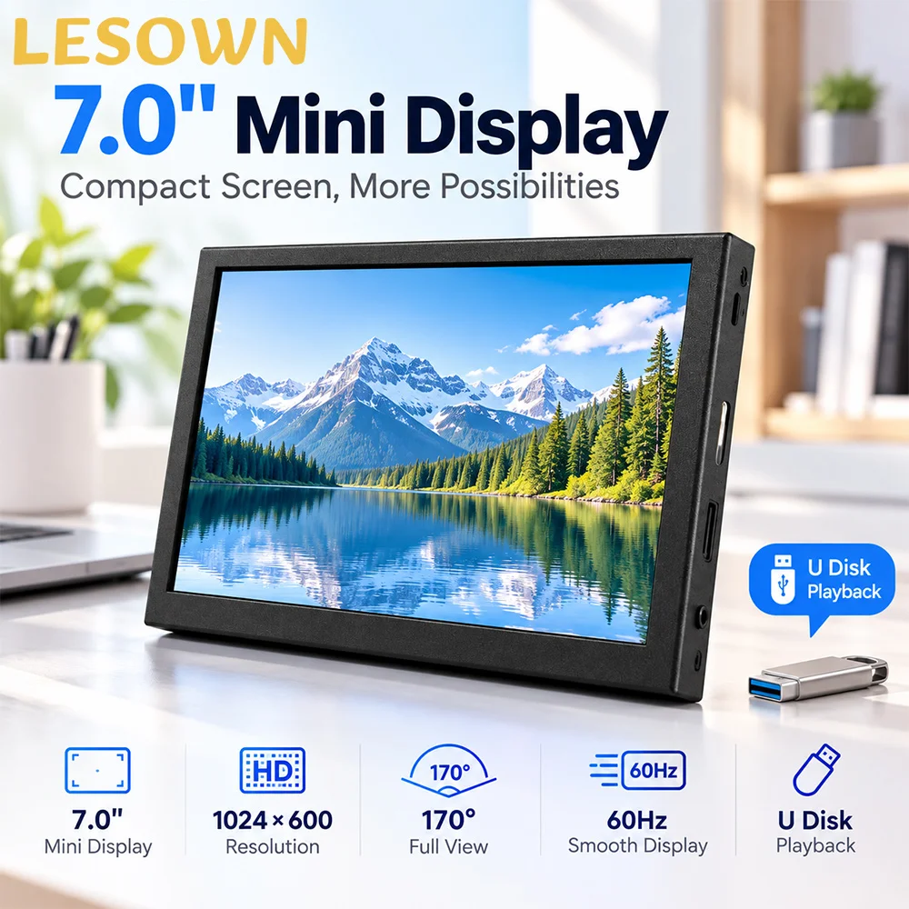 LESOWN Portable Mini 7 In Digital Display Screen Small Compact USB Flash Drive Media Player Auto Playback Advertisement Monitor