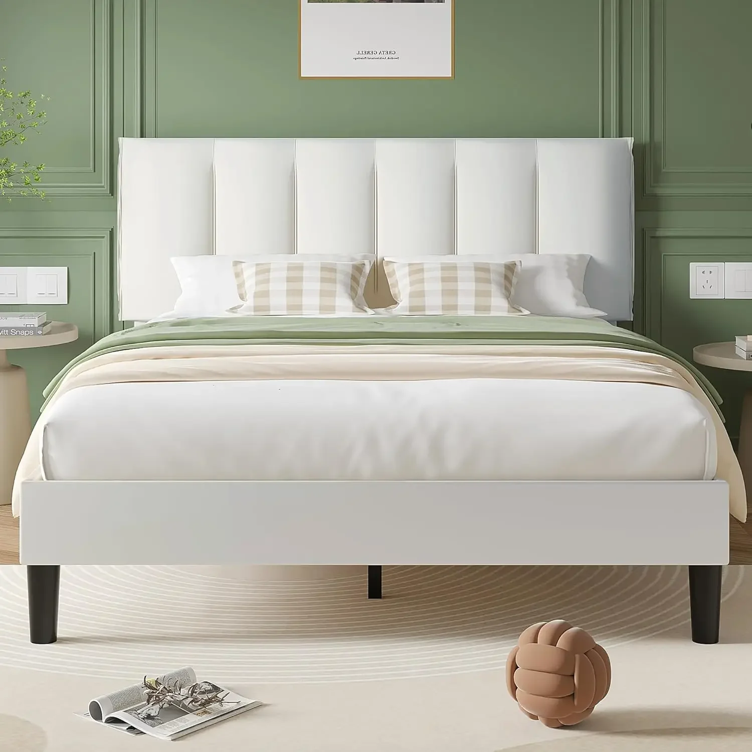 Queen Bed Frame with Upholstered Headboard, Heavy-Duty Platform with Strong Wooden Slats Support, No Boxing