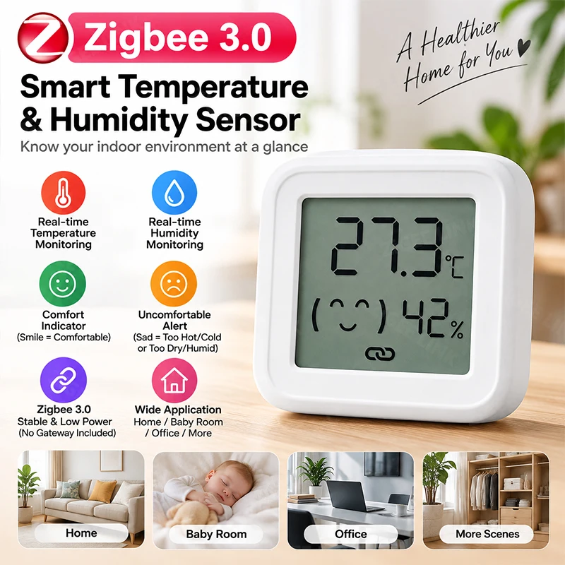 Zigbee3.0 Wireless Indoor Temperature Humidity Sensor APP Real-time Data LCD Comfort Indicator Smart Home Environment Monitor