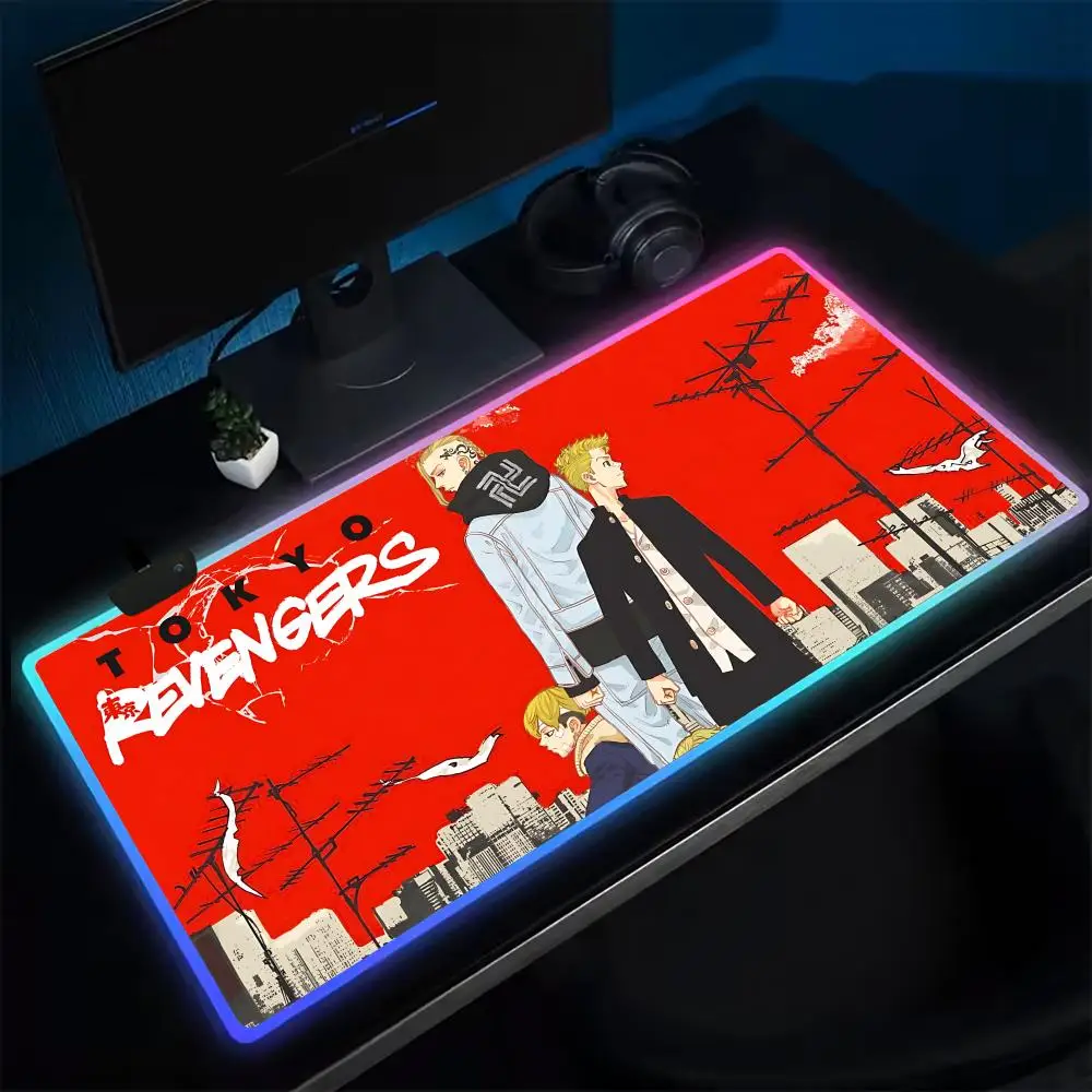 Anime T-Tokyo Revengers Mouse Pad Anime Gaming Mouse Pad LED Table Pads Backlit Rubber Desktop XXL Mousepad RGB Desk Mats