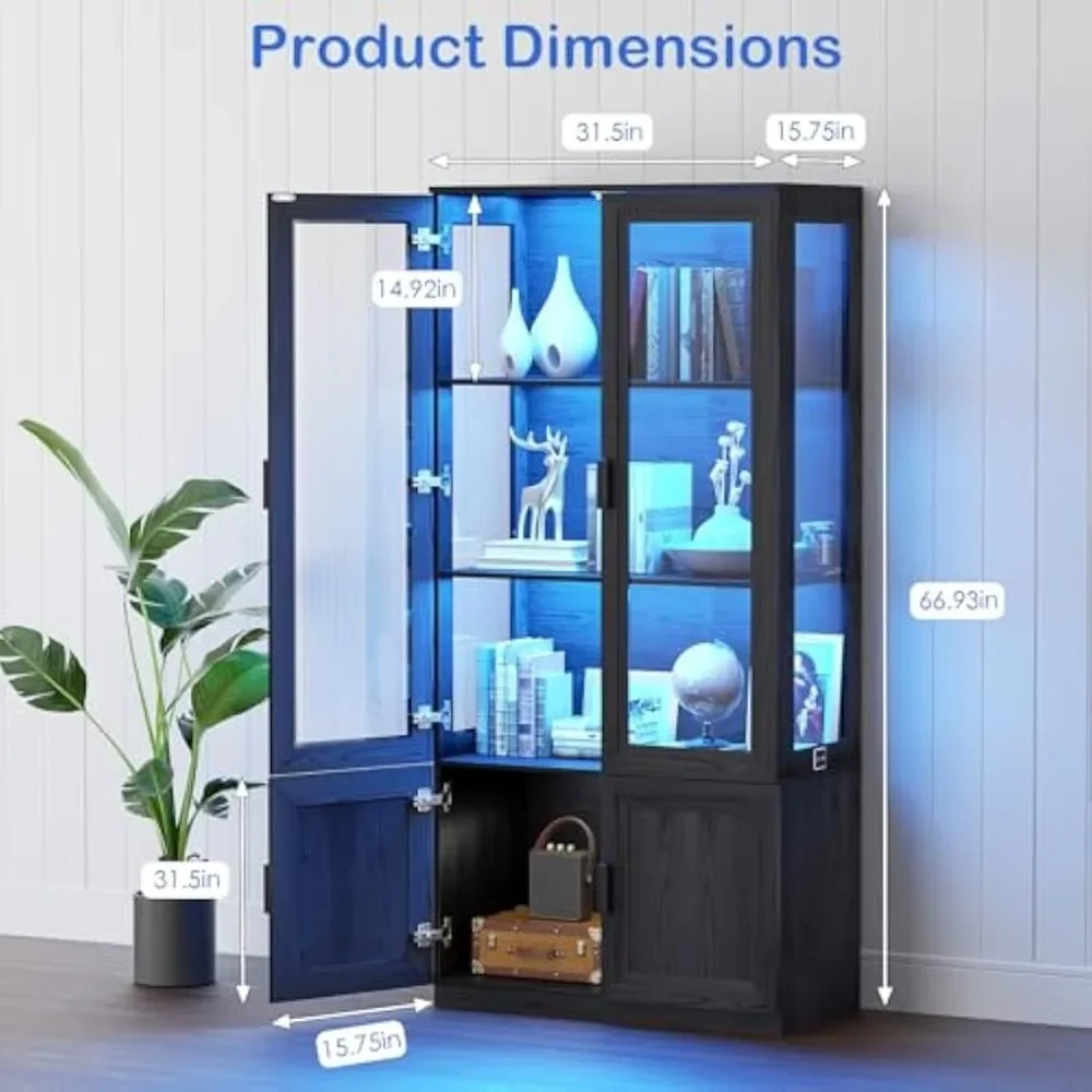 Display Cabinet with Acrylic Glass Doors, Storage Cabinet with 3 Shelves,LED Lights,Display Case with Magnetic Lock&Buffer Hinge