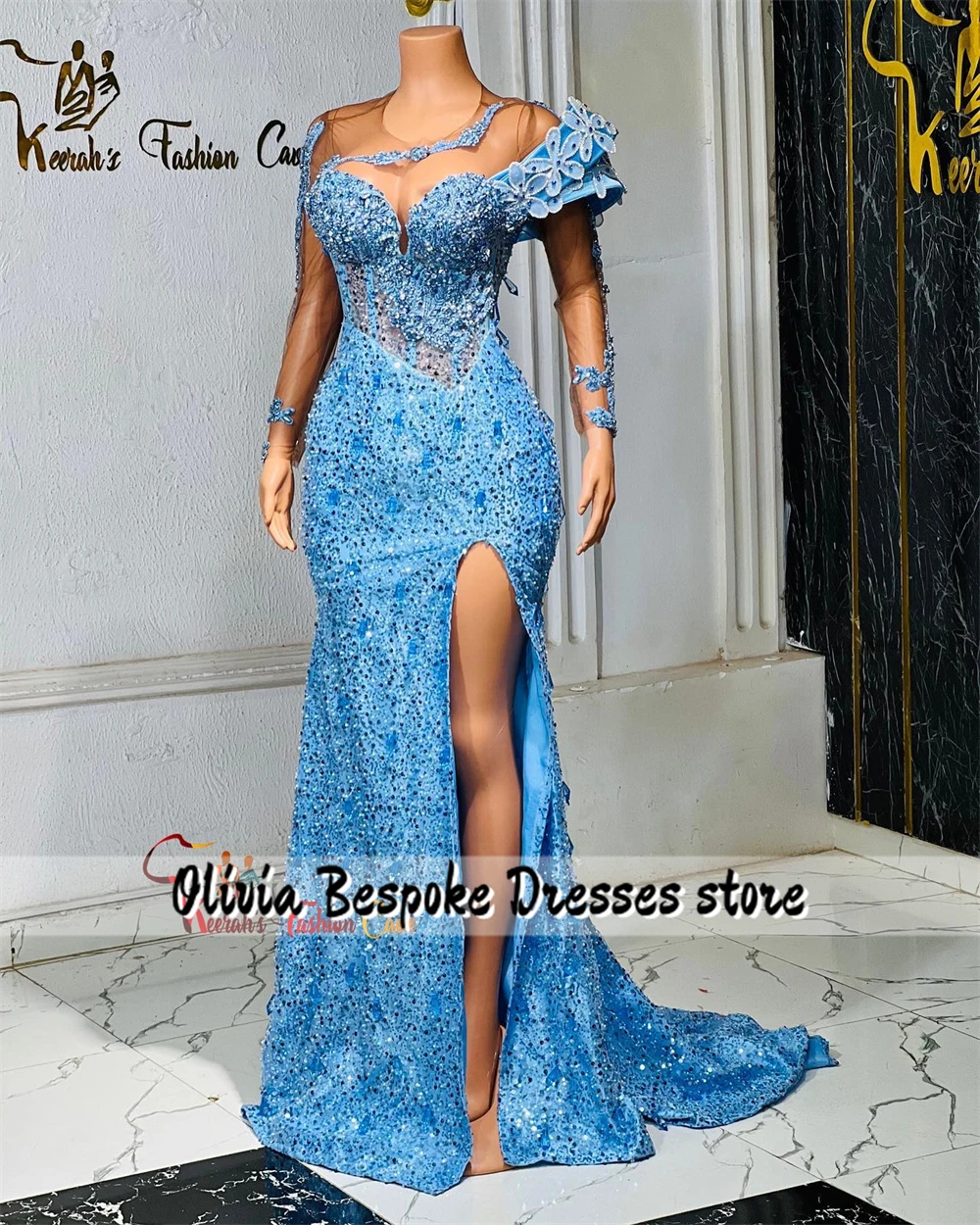 Bright Blue Aso Ebi Mermaid Prom Dresses Long Sleeve Sequin Beads Applique Split African Cocktail 2025 Birthday Dress Customized