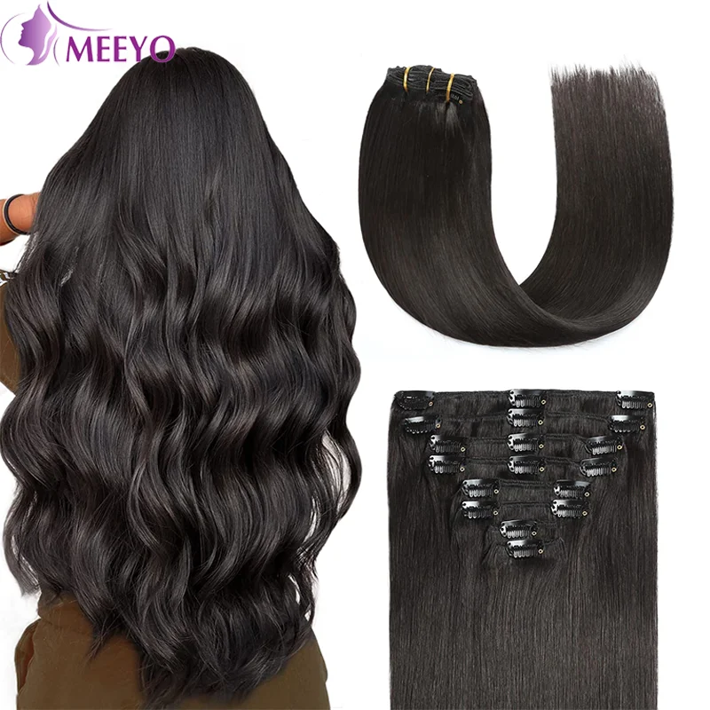 Extensions de cheveux humains à clipser, cheveux noirs naturels Remy, double trame, # 1B