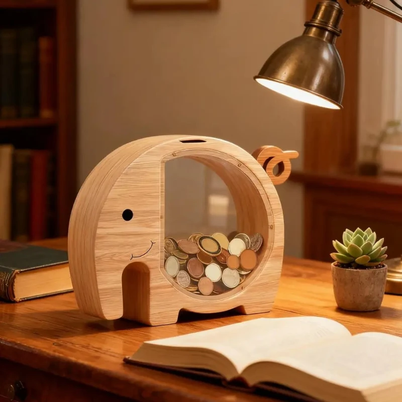 Wooden Elephant Piggy Bank Kids Coin Bank Savings Jar with Transparent Window Cute Unbreakable Money Box Birthday Gift
