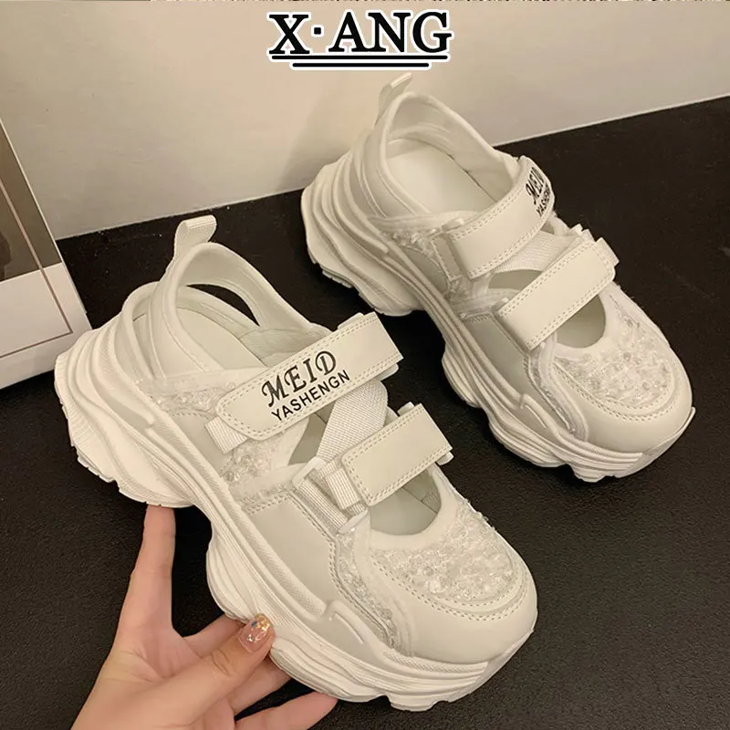 Baotou Sports Sandals Ladies 2024 Summer New Hollow Breathable Thick Sole Increase Leisure Daddy Shoes