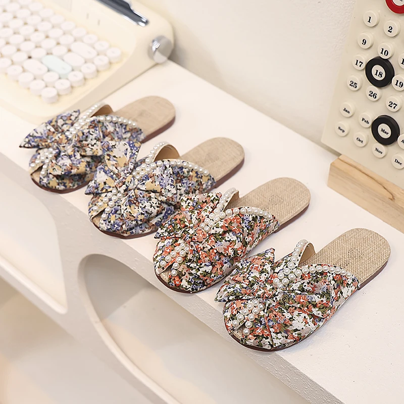 

Sweet Girl's Slippers Flower Pearl Elegant Blue Orange Children Sliders Leisure Peep Toe 26-36 Light Slip-on Kids Summer Shoes