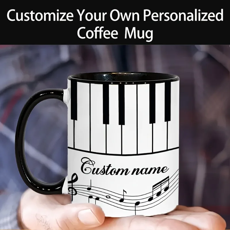 Personalized 11oz Music Piano Theme Customized Name Mug, 2D Printed Ceramic Coffee Cup, Birthday Gift with Piano Keyboard Design