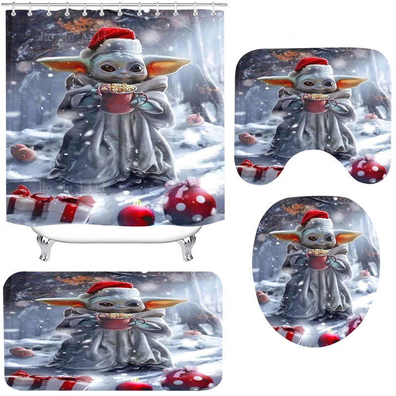 An Elf In A Red Hat Carries His Favorite Nut On A Snowy Christmas Day Shower Curtain Sets With Rugs