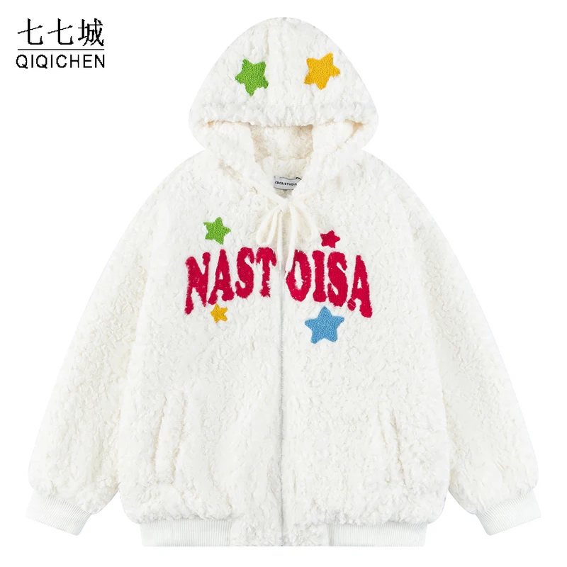 2023 Winter Berber Fleece Parkas Men Colorful Letter Embroidered Hooded Jacket Harajuku Casual Oversize Thick Warm Coat Couple