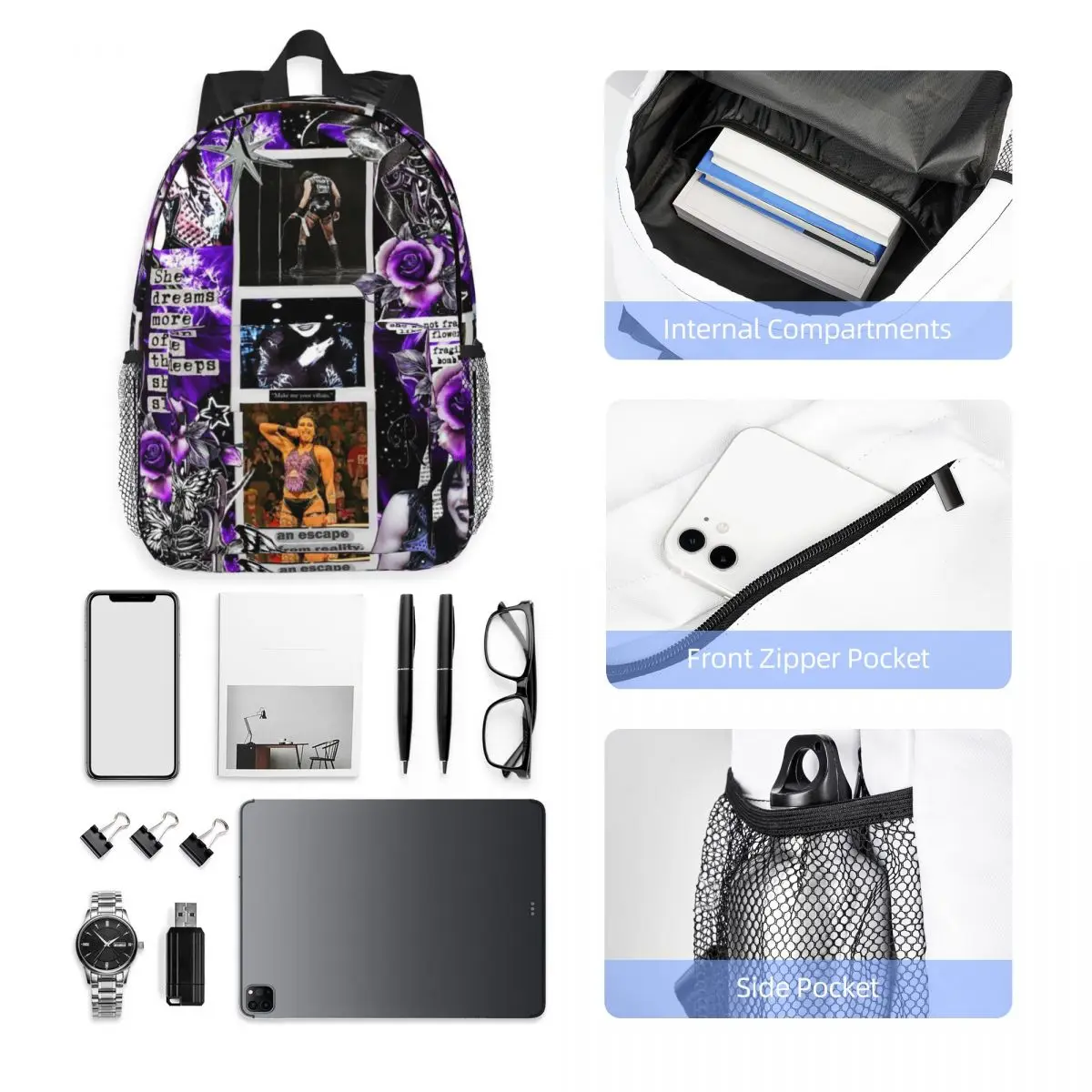 WWE Rhea Ripley Zaino Studente Ragazzi Ragazze BookBag Borsa da scuola per bambini Borse a tracolla per computer per uomo Donna
