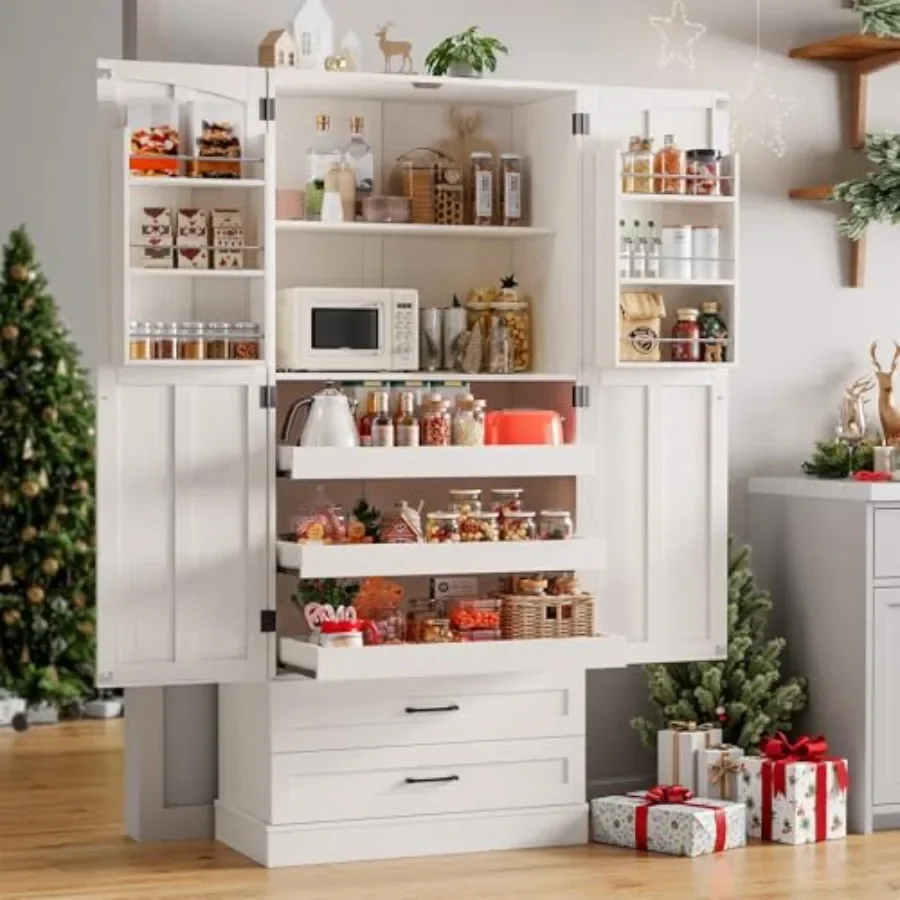 71 Kitchen Pantry Cabinet, 3 Pull-Out Shelf 2 Drawer, engineered wood, white, space-saving vertical storage with smooth-gliding