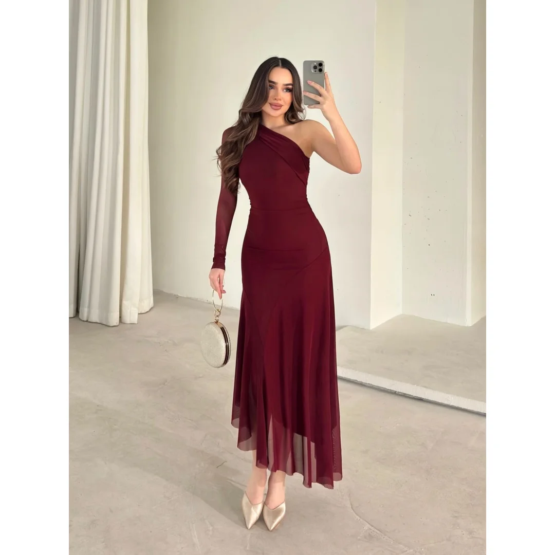 

Mina Customized Wine Red Luxurious Evening Dresses for Special Occasions Sloping Shoulders Elegant Party Dresses Long Sleeves