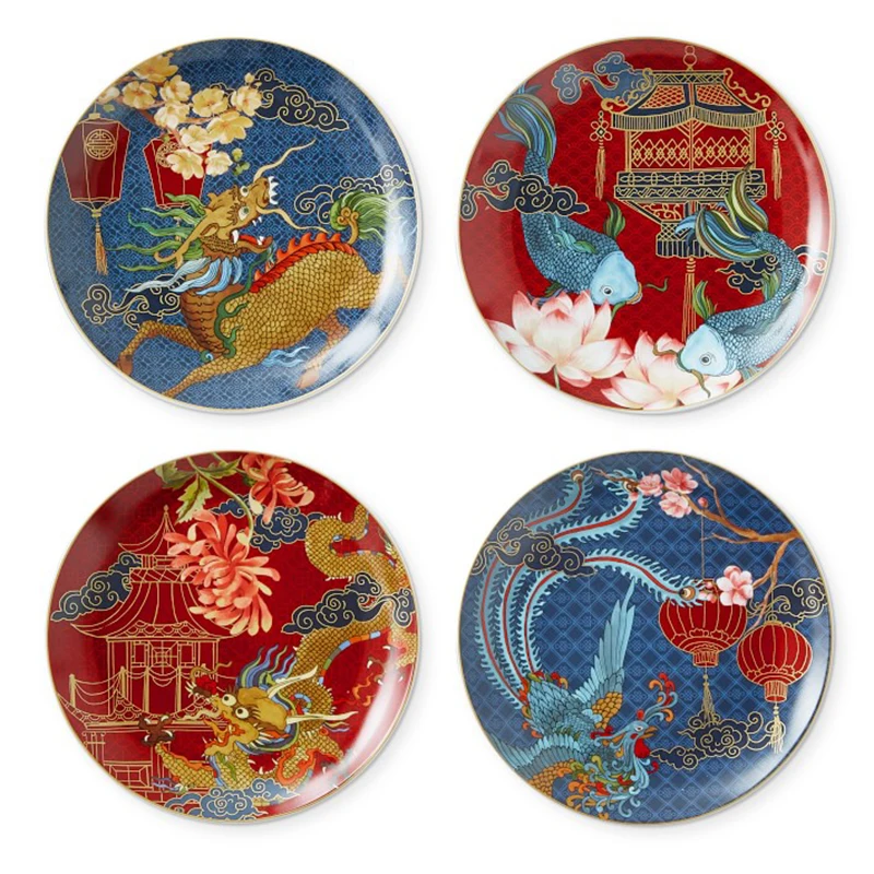 Chines Style Luxury High-grade Ceramic Dragon and Phoenix Plate Fruit Plate Home Dish Plate Decorative Plate Dishes  Plates Set