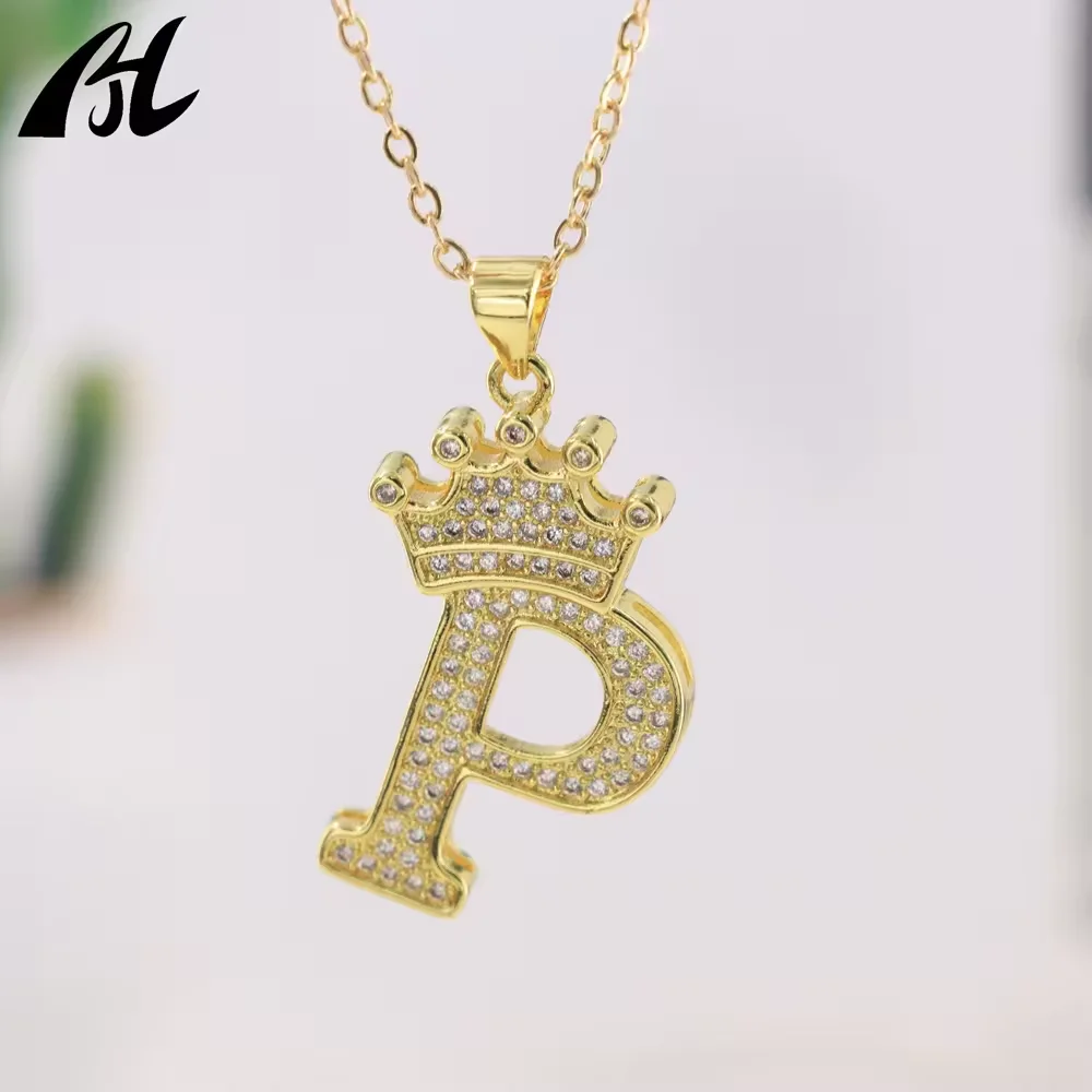 26 Letters A-Z Alphabet Iced Out Crown Gold Plated Hip Hop Initial Pendant Necklace