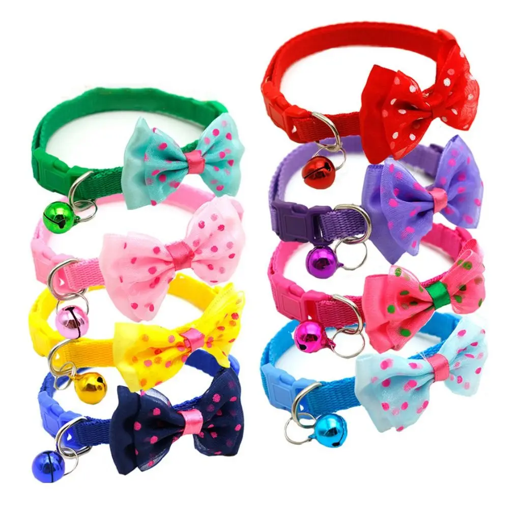 Decorative Cat Bowknot Bell Collar Polypropylene fiber Adjustable Cat Bow Necklace with Bell Multicolor Bell Dots Cat Collar