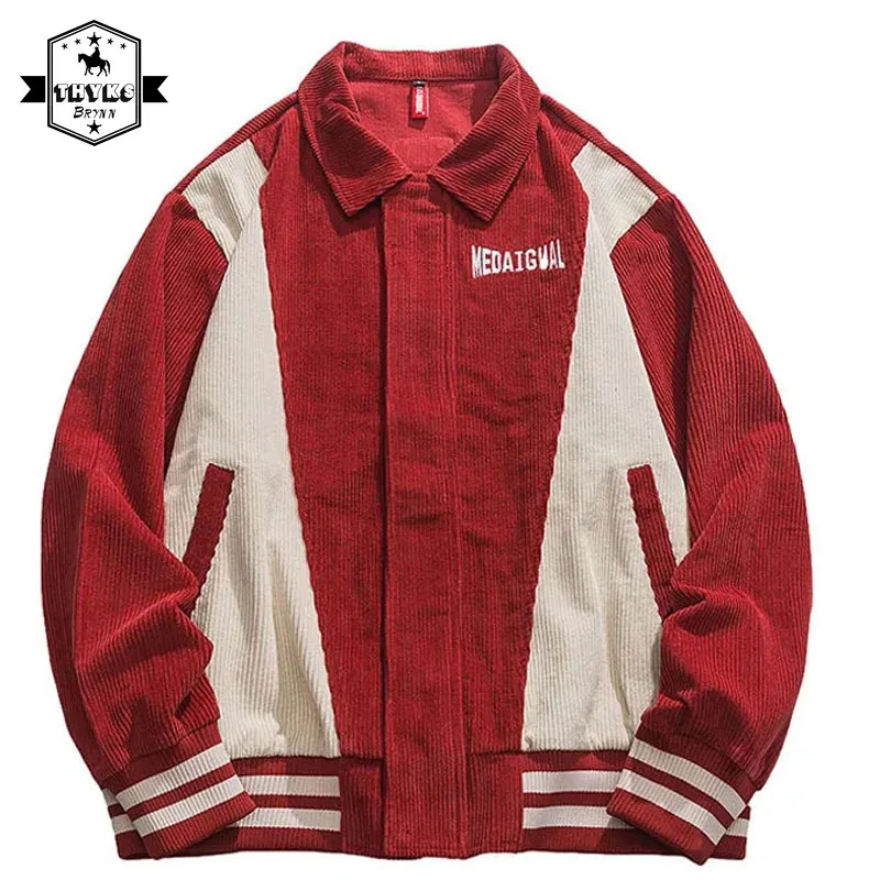 

Mens Spring College Corduroy Jackets Coats Loose Couple Casual Autumn Retro Red Varsity Baseball Jackets for Men Outwear Unisex