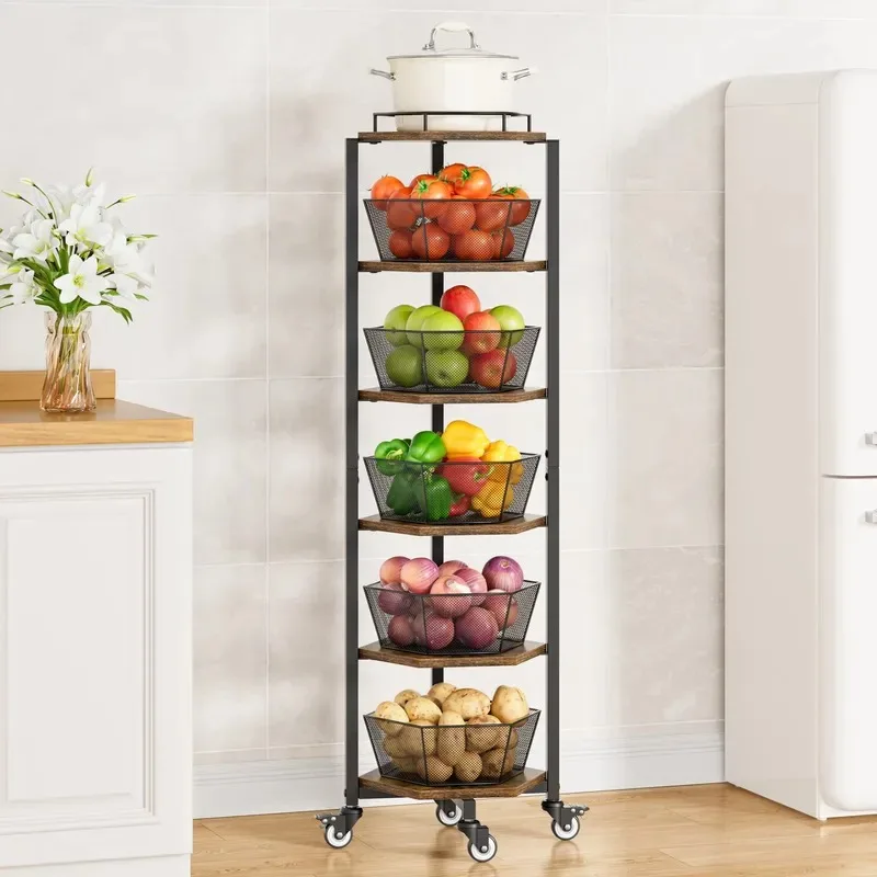 5 Layer Rotating Corner Storage Rack with Wheels Kitchen Vegetable Fruit Basket Organizer