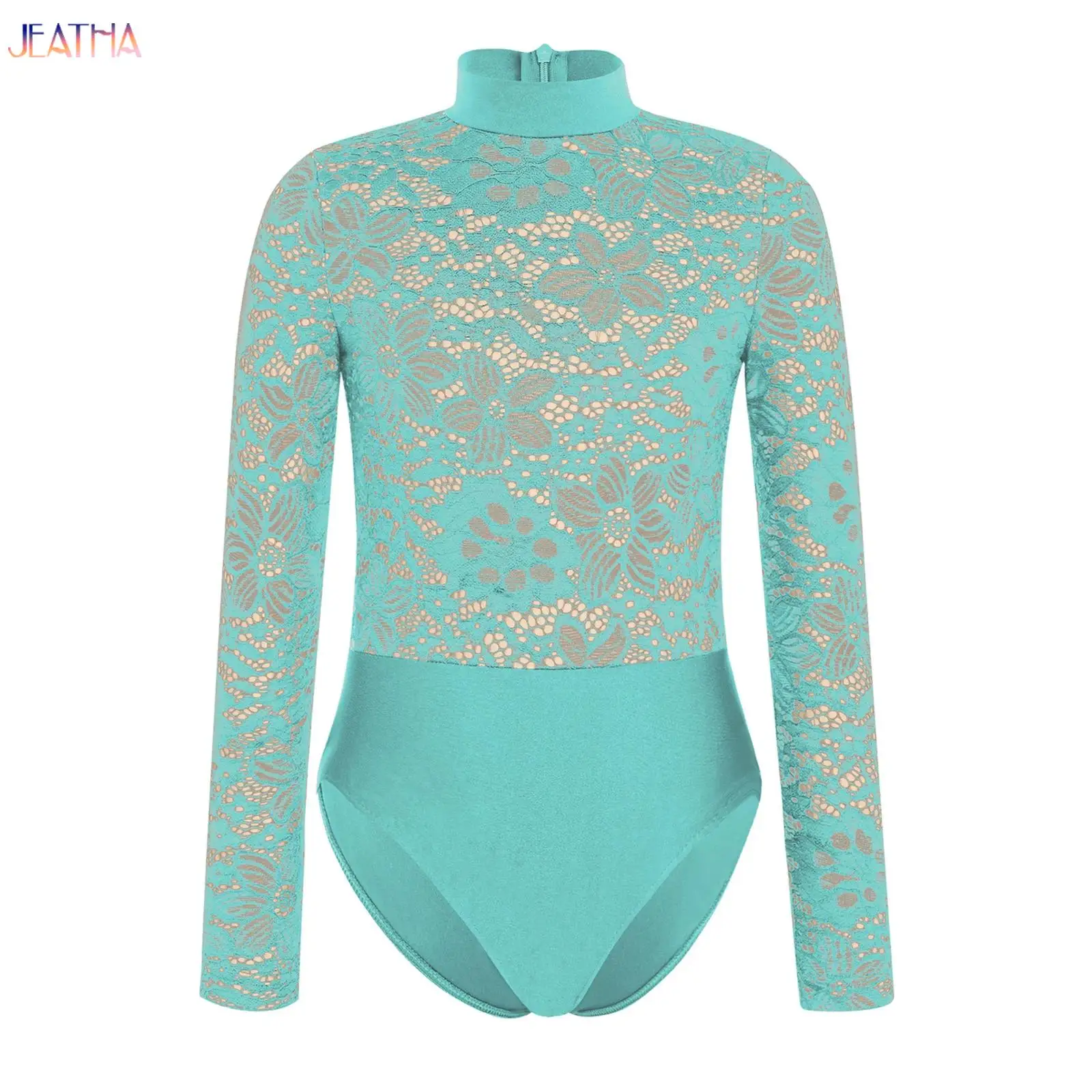 

Kids Girls Ballet Gymnastics Jersey Dance Leotard Long Sleeve Zipper Lace Bodice Dance Performance Competition Bodysuit Dresses