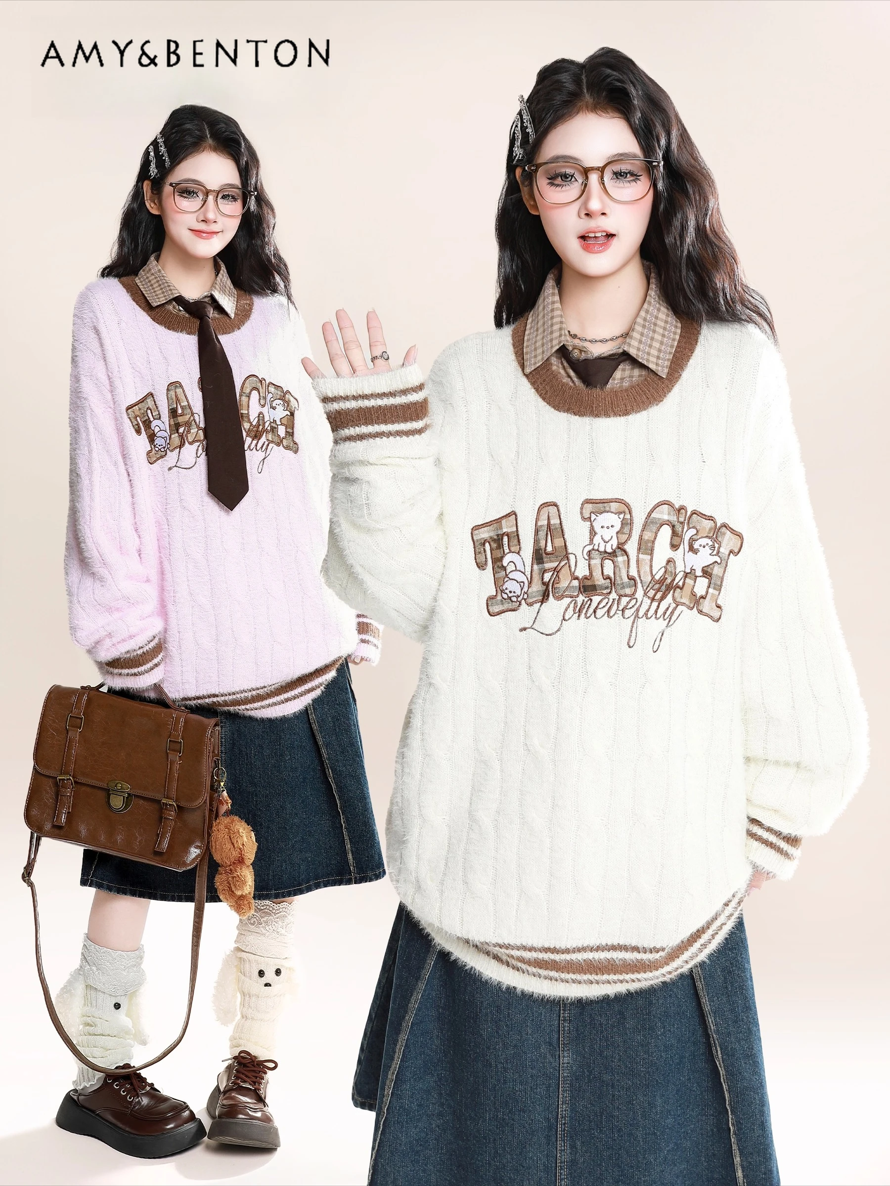 

2025 Spring and Autumn New Japanese Retro Style Pink Apricot Striped Letter Round Neck Long Sleeve Loose Knitted Sweater