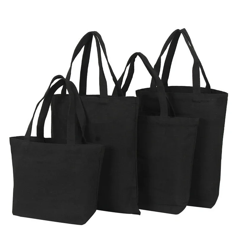 Black Reusable Cotton Tote Bags Eco Foldable Shoulder Bag Large Handbag Solid Fabric Canvas Tote Bags for Market Bags