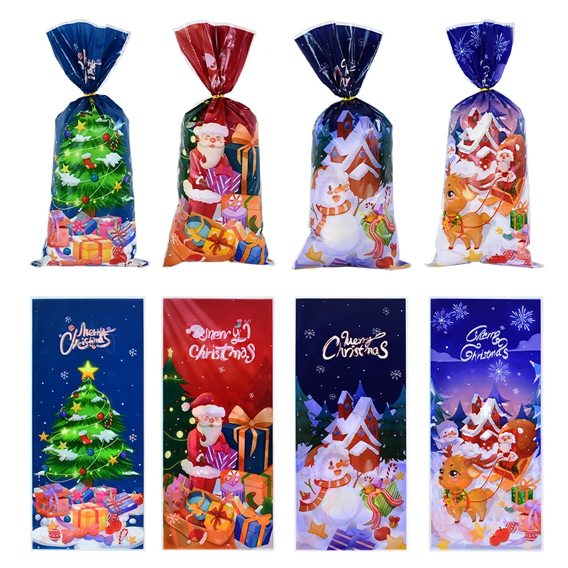 

50pcs Christmas Candy Bags Santa Claus Snowman Cookie Biscuit Gift Package Bag with Ties Navidad Xmas Decoration New Year Favors