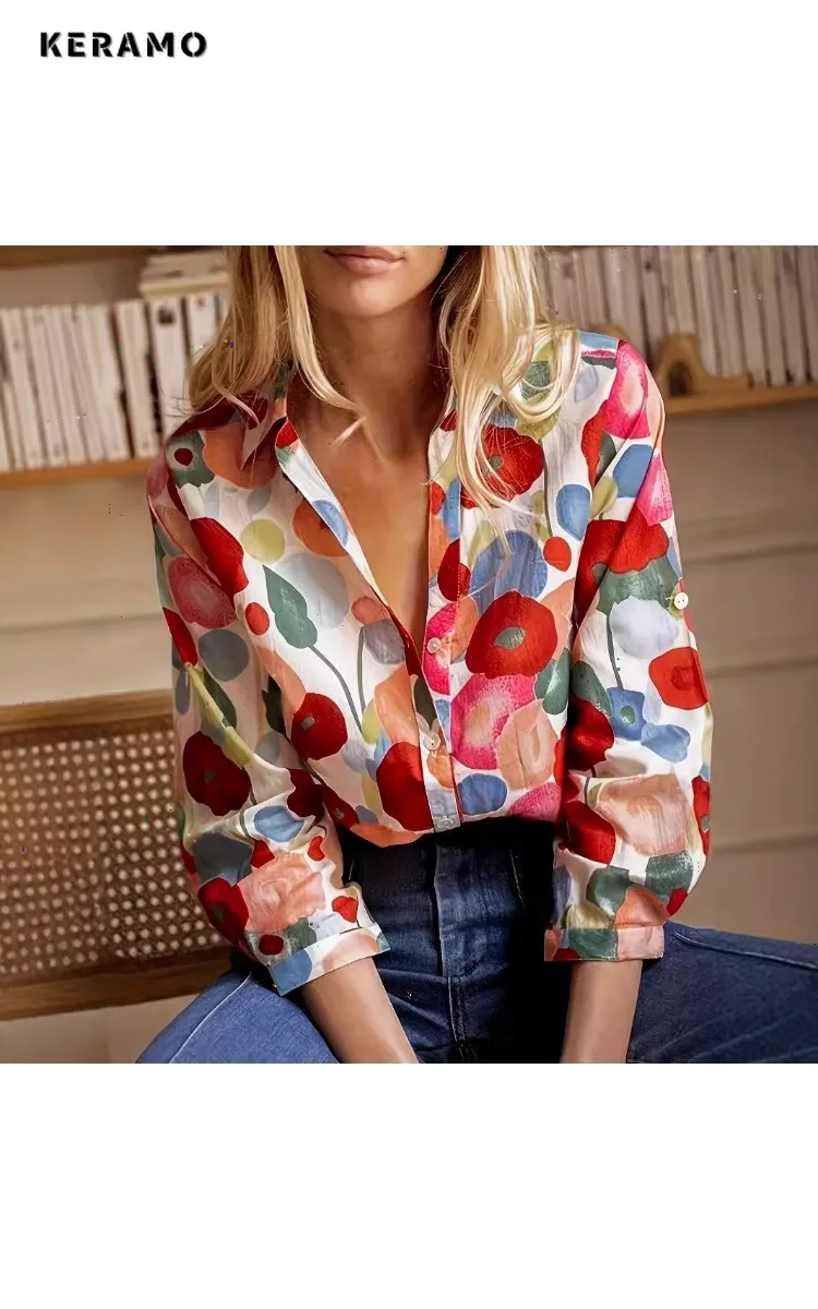 French Elegant Style Floral Print Turn Down Collar Luxury Blouses 2025 Winter Women Office Lady Long Sleeve Shirts Chiffon Top