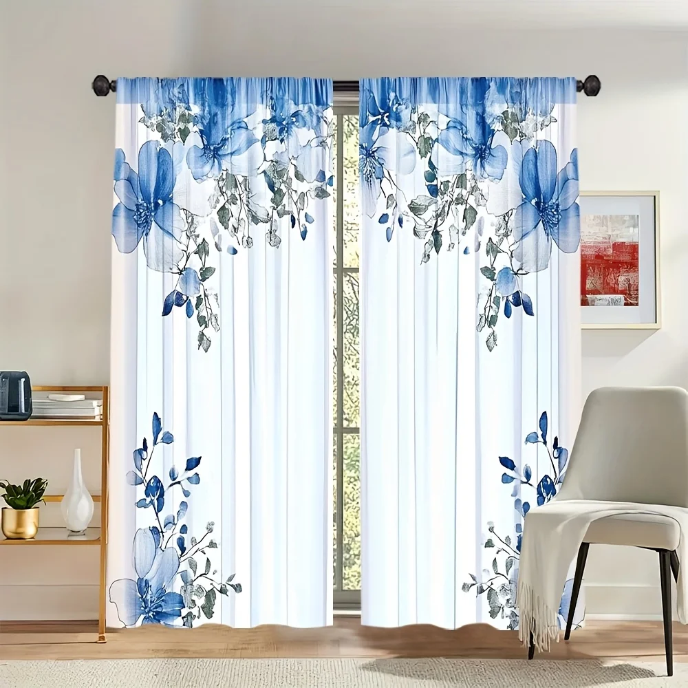2pcs, Modern Blue Gradient Floral Four Seasons Charm Curtains, Perfect for Bedroom Living Room, Home Decoration, Room Decoration